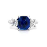 Platinum Three Stone Cushion Cut Sapphire and Diamond Ring