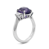 Platinum 3 Stone Oval Purple Sapphire and Cadillac Diamond Ring