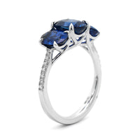 18K White Gold Three Stone Oval Blue Sapphire and Diamond Ring