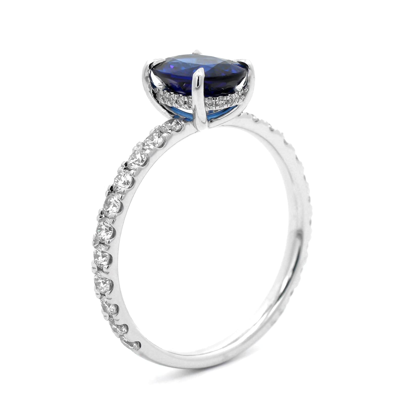 18K White Gold Oval Blue Sapphire and Hidden Diamond Ring