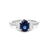 18K White Gold Three Stone Oval Blue Sapphire and Diamond Ring