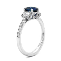 18K White Gold Three Stone Oval Blue Sapphire and Diamond Ring