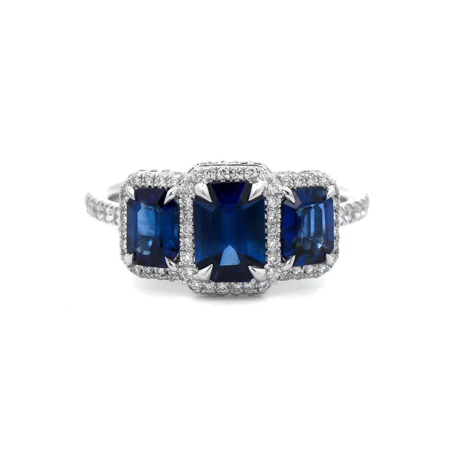 18K White Gold Three Stone Emerald Cut Blue Sapphire and Diamond Ring