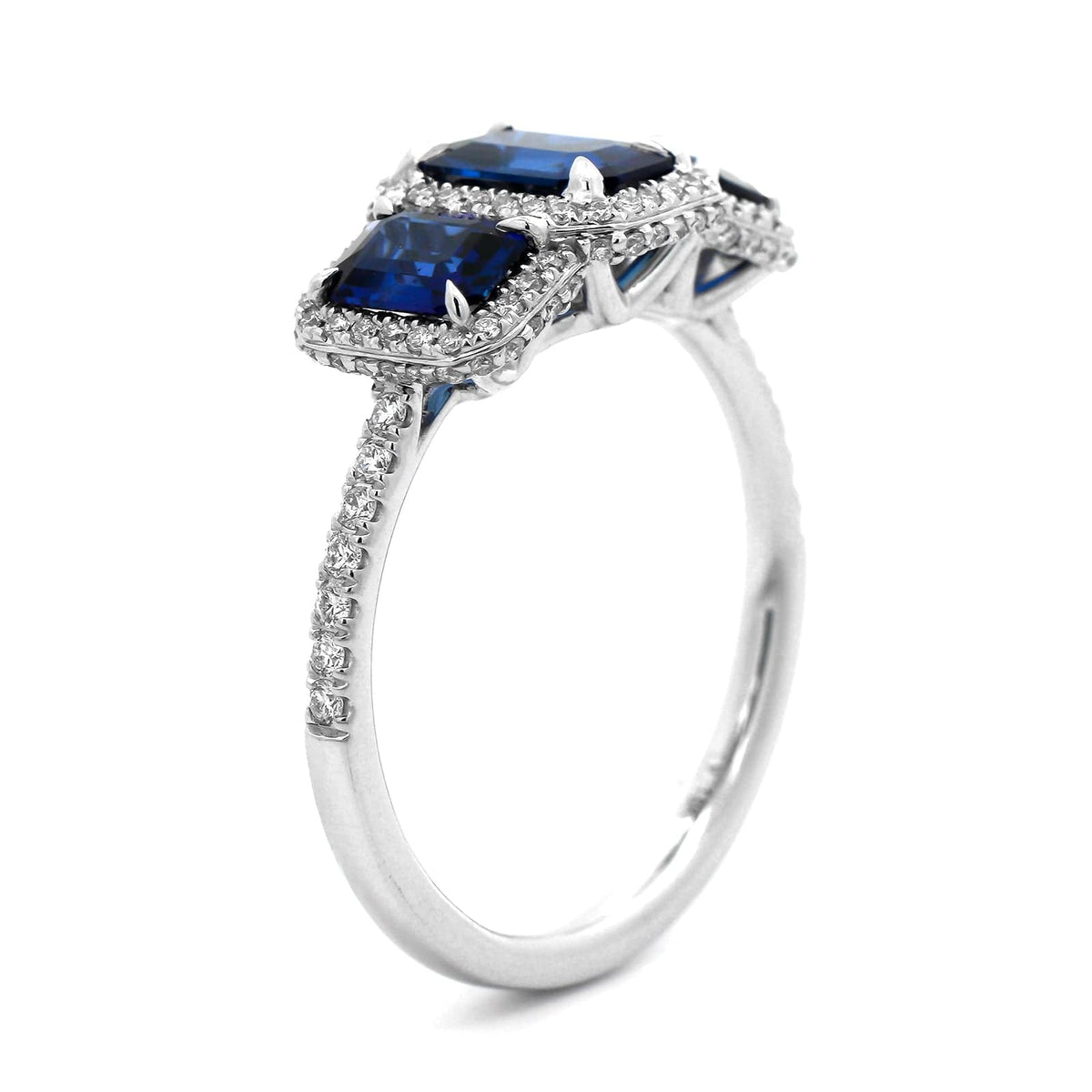 18K White Gold Three Stone Emerald Cut Blue Sapphire and Diamond Ring