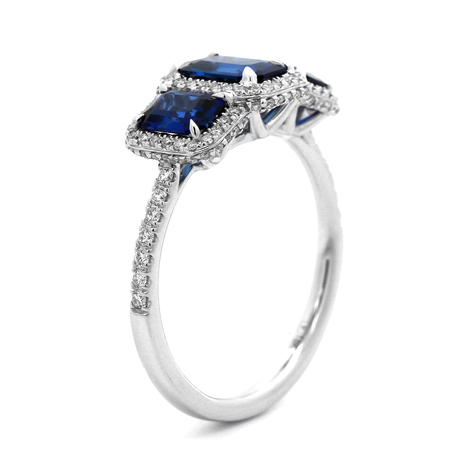18K White Gold Three Stone Emerald Cut Blue Sapphire and Diamond Ring