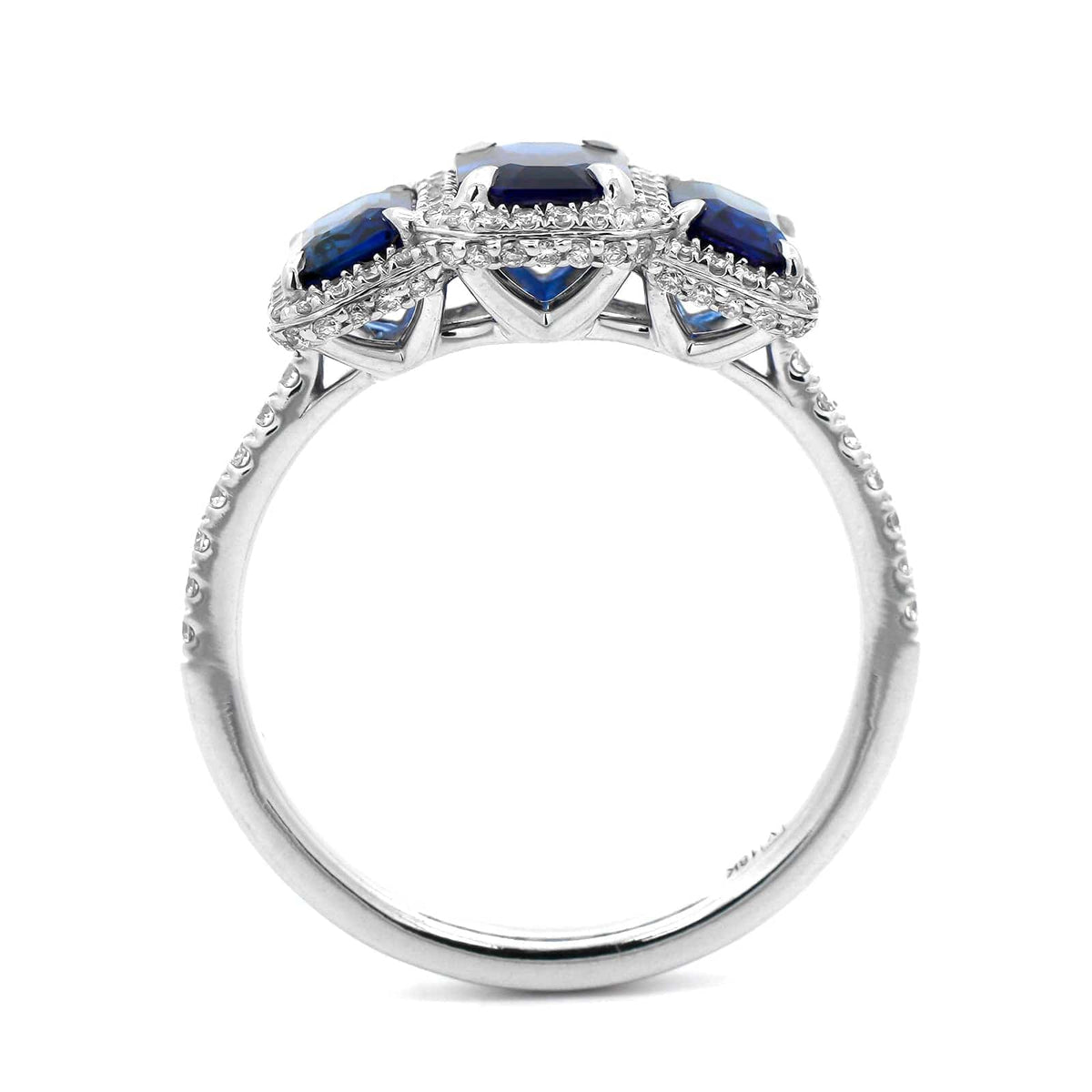 18K White Gold Three Stone Emerald Cut Blue Sapphire and Diamond Ring