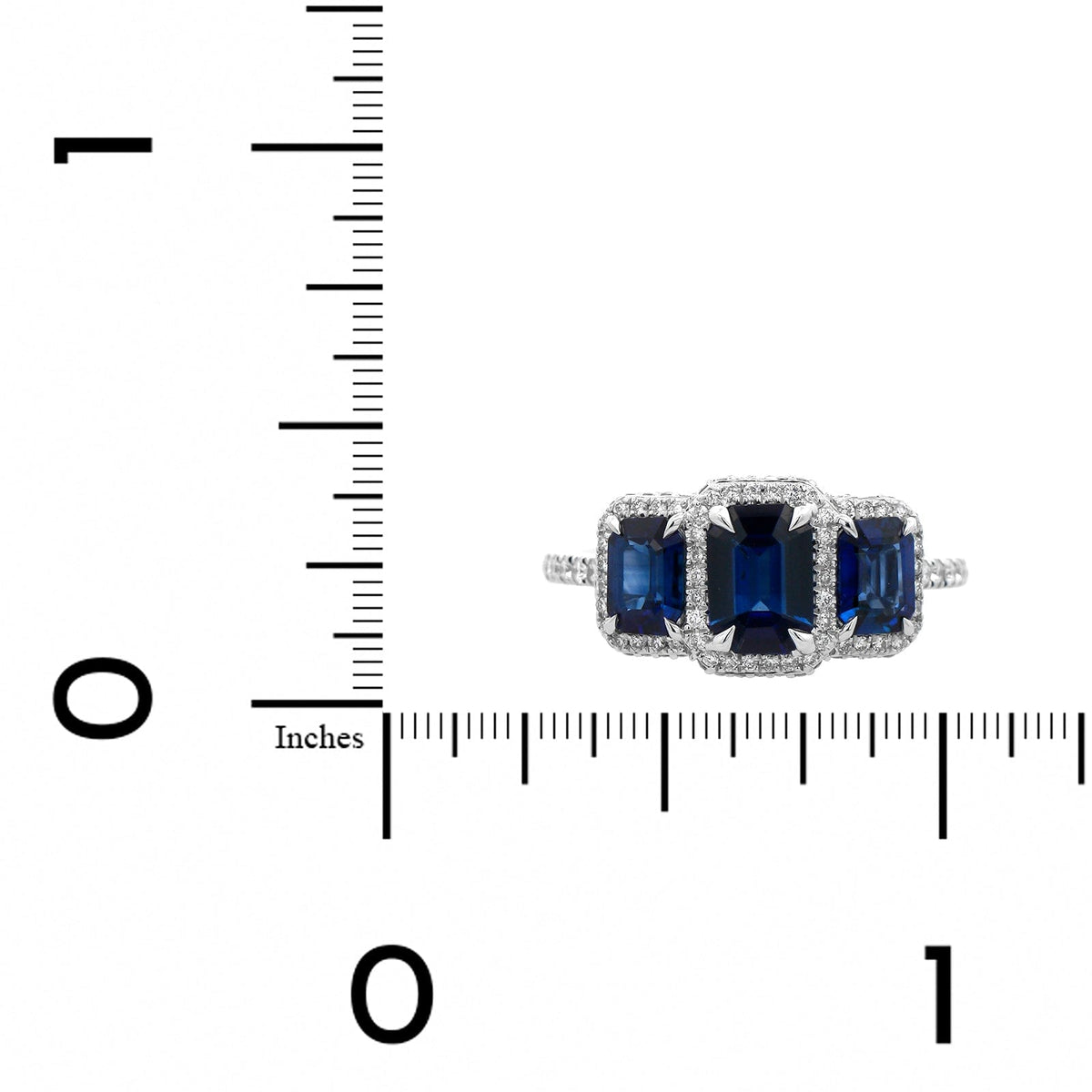 18K White Gold Three Stone Emerald Cut Blue Sapphire and Diamond Ring