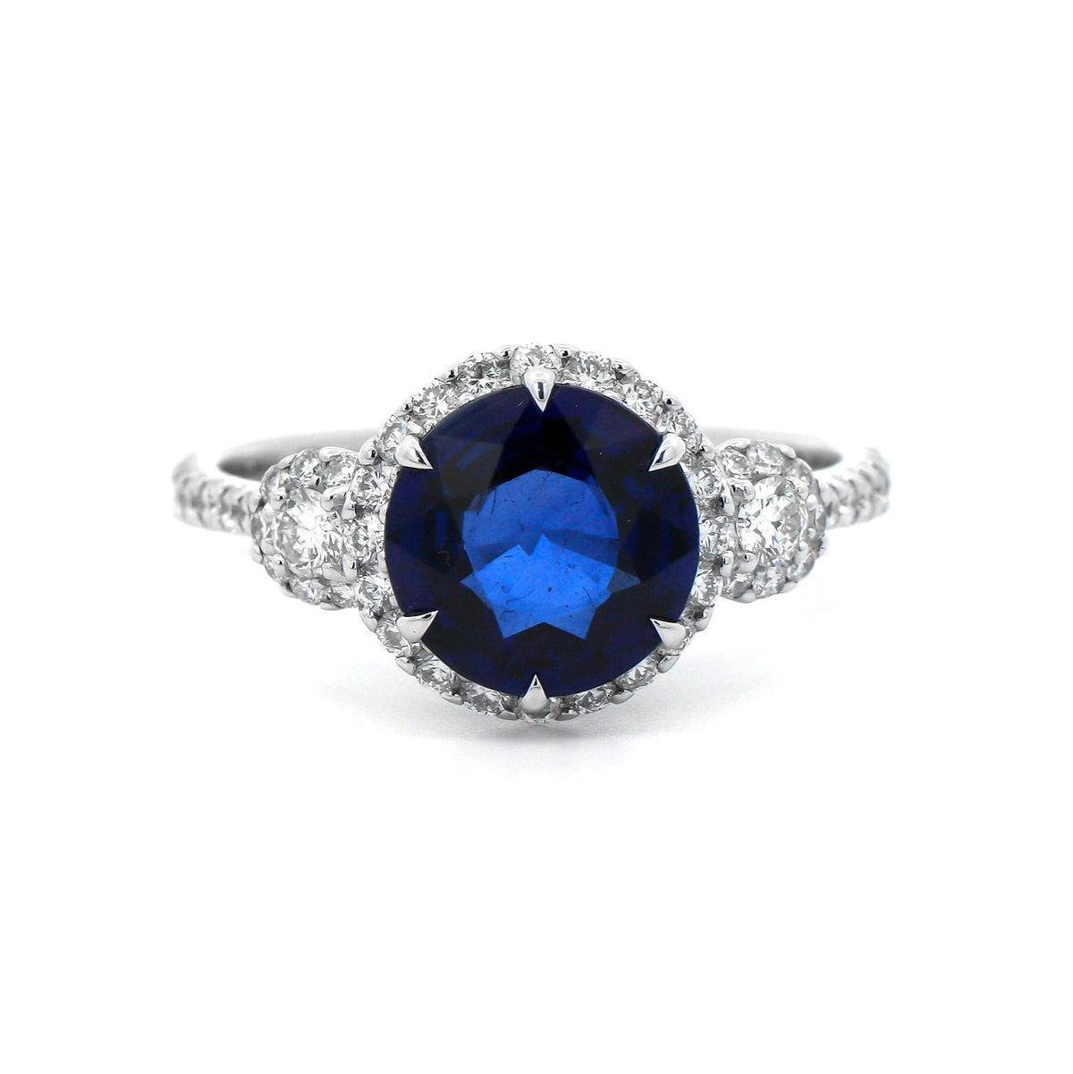 18K White Gold Three Stone Round Blue Sapphire and Diamond Ring