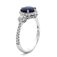 18K White Gold Three Stone Round Blue Sapphire and Diamond Ring