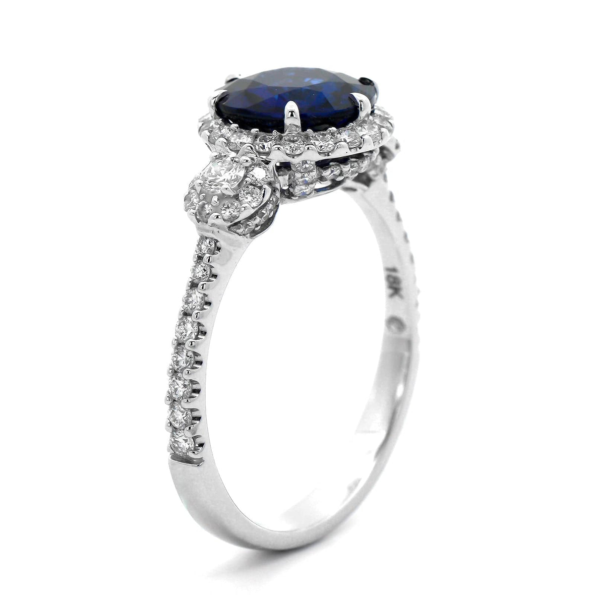 18K White Gold Three Stone Round Blue Sapphire and Diamond Ring