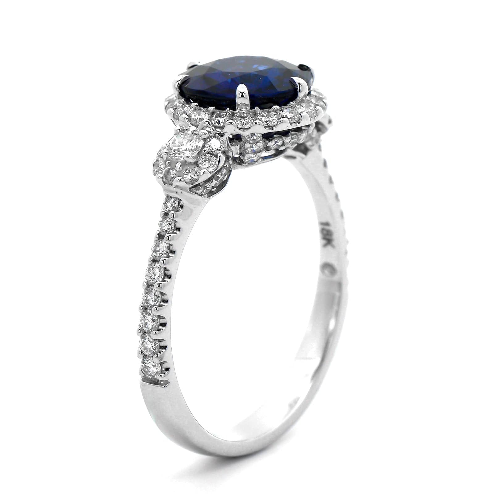 18K White Gold Three Stone Round Blue Sapphire and Diamond Ring