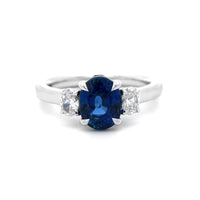 18K White Gold Three Stone Round Oval Sapphire and Diamond Ring