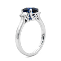 18K White Gold Three Stone Round Oval Sapphire and Diamond Ring