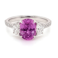 Platinum Three Stone Oval Shaped Pink Sapphire and Diamond Ring