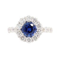 18K White Gold Round Sapphire and Diamond Halo Ring