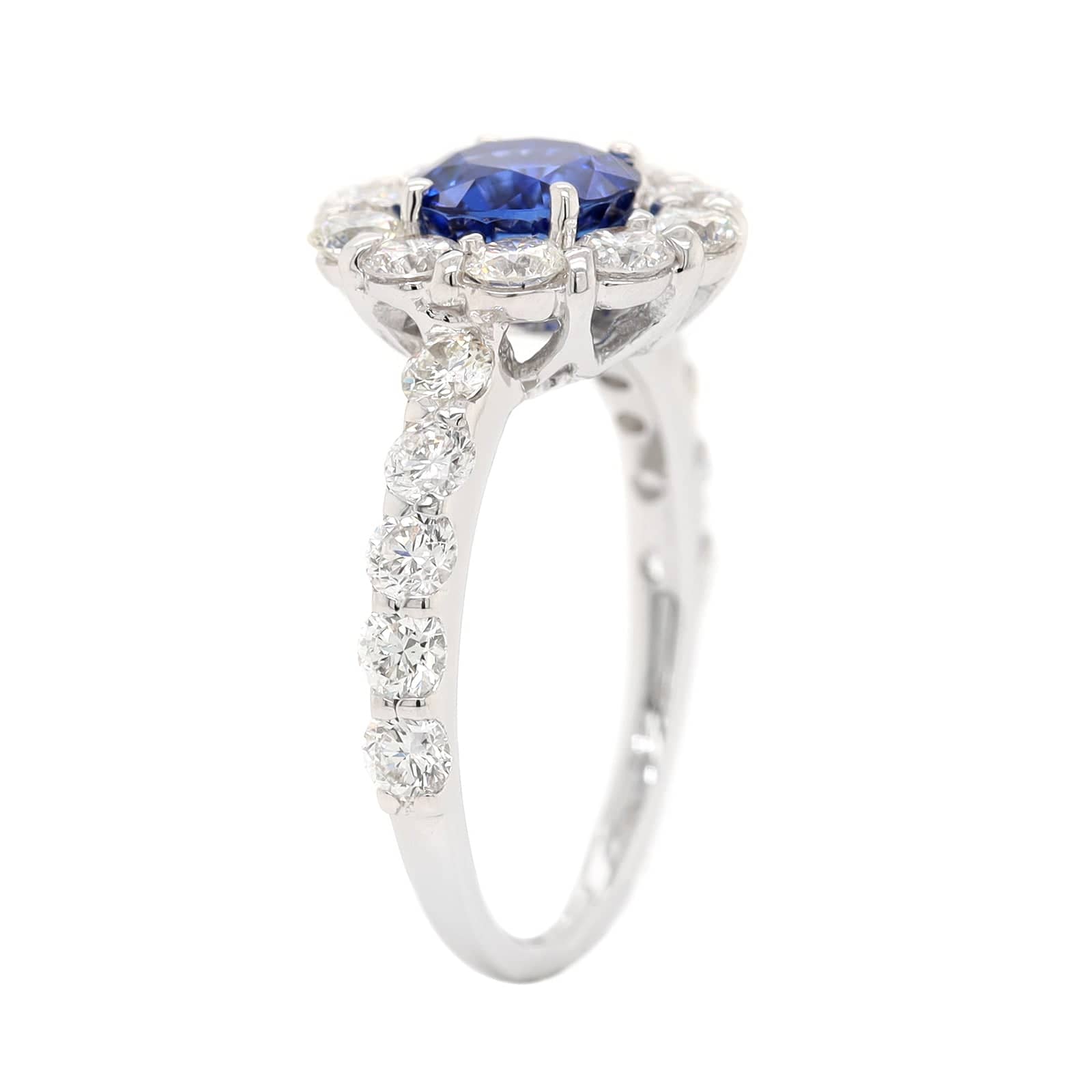 18K White Gold Round Sapphire and Diamond Halo Ring