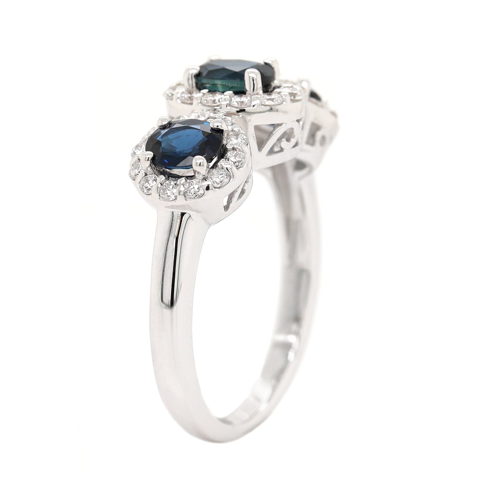 18K White Gold 3 Stone Oval Sapphire and Diamond Halo Ring