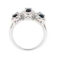 18K White Gold 3 Stone Oval Sapphire and Diamond Halo Ring