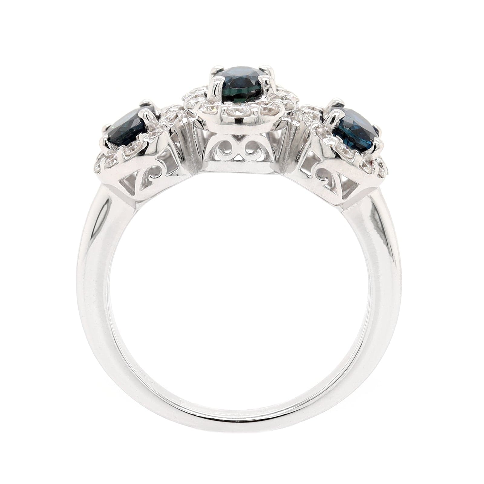 18K White Gold 3 Stone Oval Sapphire and Diamond Halo Ring