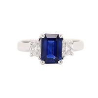 Platinum Three Stone Emerald Cut Sapphire and Diamond Ring