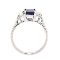 Platinum Three Stone Emerald Cut Sapphire and Diamond Ring