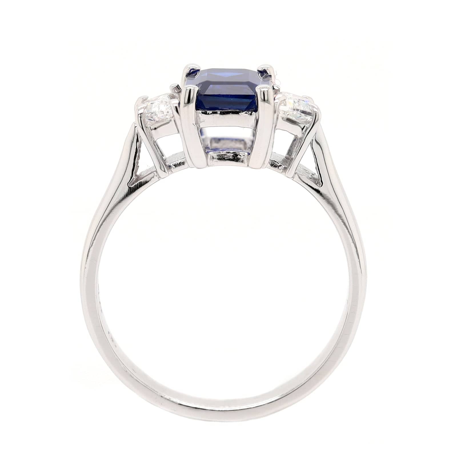 Platinum Three Stone Emerald Cut Sapphire and Diamond Ring