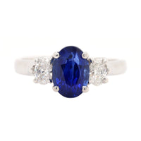 Platinum Three Stone Oval Sapphire and Diamond Ring