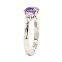 Platinum Three Stone Cushion Cut Purple Sapphire and Diamond Ring