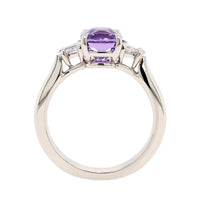 Platinum Three Stone Cushion Cut Purple Sapphire and Diamond Ring