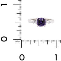 Platinum Three Stone Cushion Cut Purple Sapphire and Diamond Ring