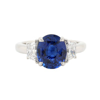 Platinum 3 Stone Oval Sapphire and Trapezoid Diamond Ring