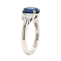 Platinum 3 Stone Oval Sapphire and Trapezoid Diamond Ring