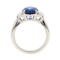 Platinum 3 Stone Oval Sapphire and Trapezoid Diamond Ring