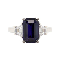 Platinum Three Stone Octagonal Shaped Sapphire and Diamond Ring