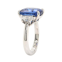 Platinum Three Stone Cushion Shaped Sapphire and Diamond Ring