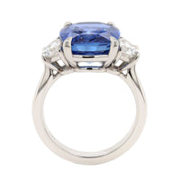 Platinum Three Stone Cushion Shaped Sapphire and Diamond Ring