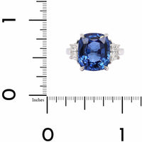 Platinum Three Stone Cushion Shaped Sapphire and Diamond Ring