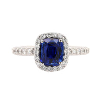 Platinum Cushion Cut Blue Sapphire and Diamond Halo Ring
