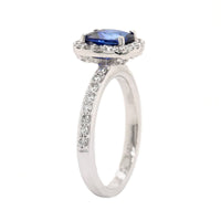 Platinum Cushion Cut Blue Sapphire and Diamond Halo Ring