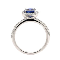 Platinum Cushion Cut Blue Sapphire and Diamond Halo Ring