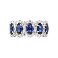 18K White Gold 5 Stone Oval Sapphire and Diamond Halo Ring