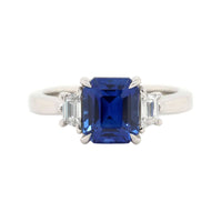 Platinum 3 Stone Emerald Cut Sapphire and Diamond Ring