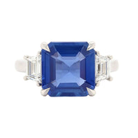 Platinum 3 Stone Emerald Cut Sapphire and Diamond Ring