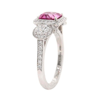 Platinum Three Stone Cushion Shaped Pink Sapphire and Diamond Halo Ring