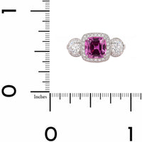 Platinum Three Stone Cushion Shaped Pink Sapphire and Diamond Halo Ring