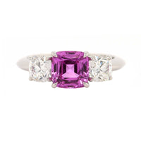 Platinum Three Stone Cushion Shaped Pink Sapphire and Diamond Ring