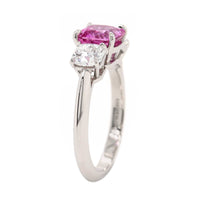 Platinum Three Stone Cushion Shaped Pink Sapphire and Diamond Ring