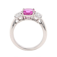 Platinum Three Stone Cushion Shaped Pink Sapphire and Diamond Ring