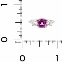 Platinum Three Stone Cushion Shaped Pink Sapphire and Diamond Ring