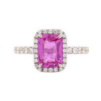 Platinum Emerald Cut Pink Sapphire and Diamond Halo Ring